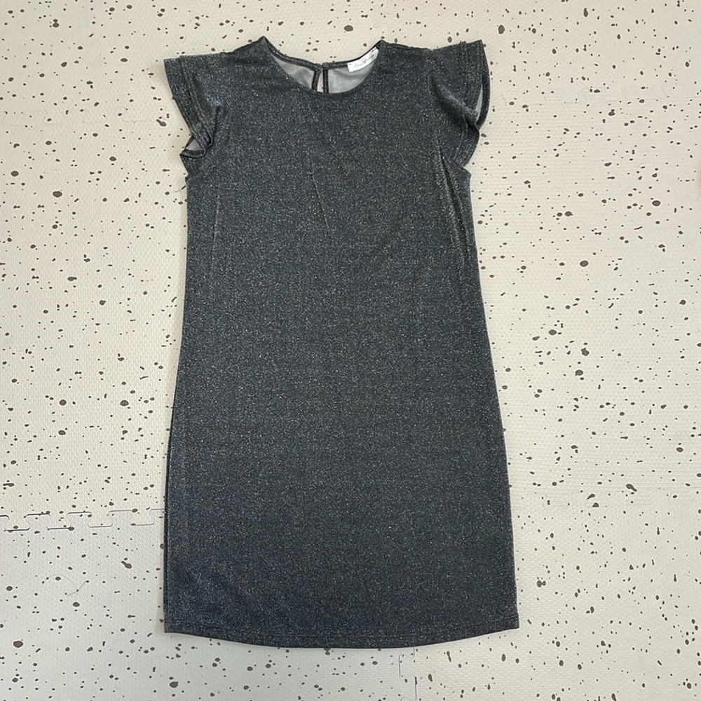 💘 CES FEMME - CHARCOAL GRAY SHIMMER SPARKLE RUFFLE SLEEVE MATERNITY DRESS - Picture 3 of 9